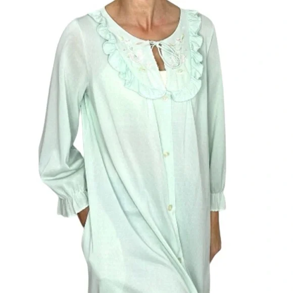 Vintage Mint Green Ruffle Embroidered Button Front Maxi Robe - Picture 2 of 11